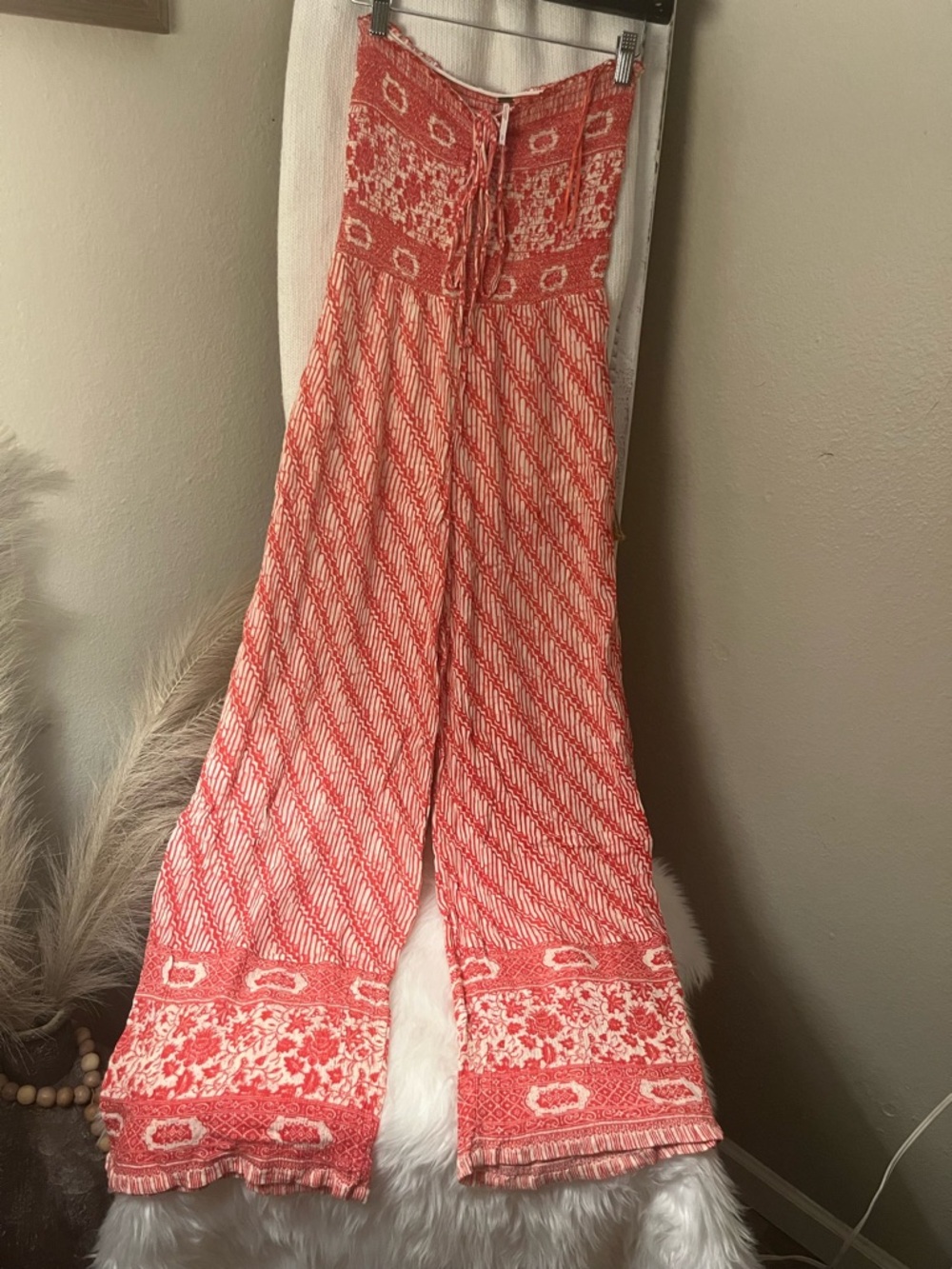 Free People Strapless Coral and White Boho Maxi Dress